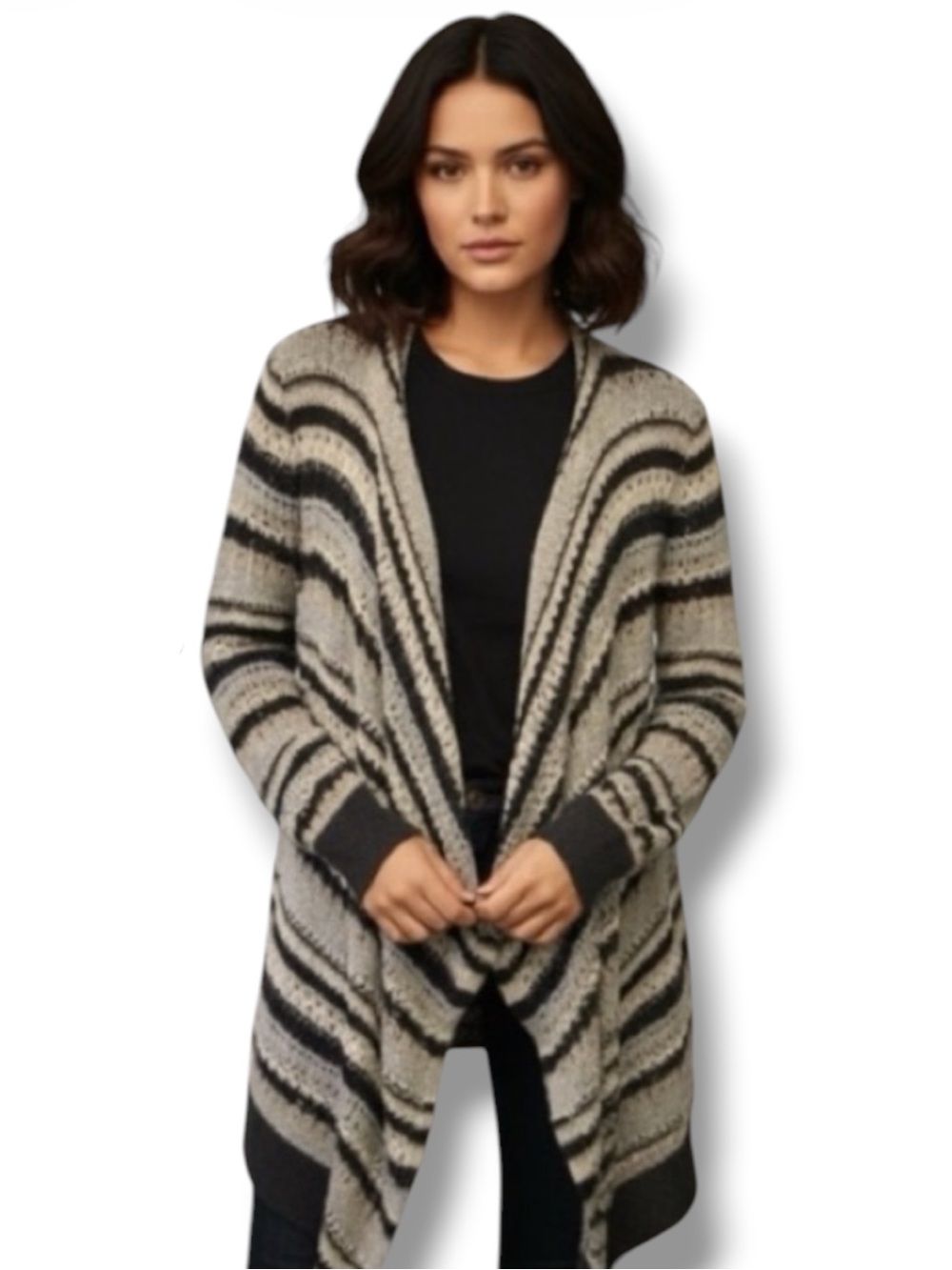 AEO Sweater Gray Crochet Striped Open Asymmetrical Knit Cardigan Size M EUC